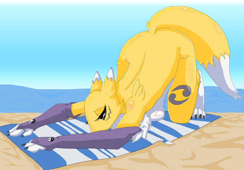 4_toes absurd_res all_fours anime ass_up barefoot beach black_eyes blue_eyes breasts butt canine chest_tuft claws digimon eyelashes female fox fur gloves hanging_breasts hi_res looking_at_viewer mammal mane markings nude outside presenting presenting_hindquarters purple_fur renamon sand seaside side_boob sky solo thick_thighs towel tuft unknown_artist voluptuous white_fur wide_hips yellow_fur