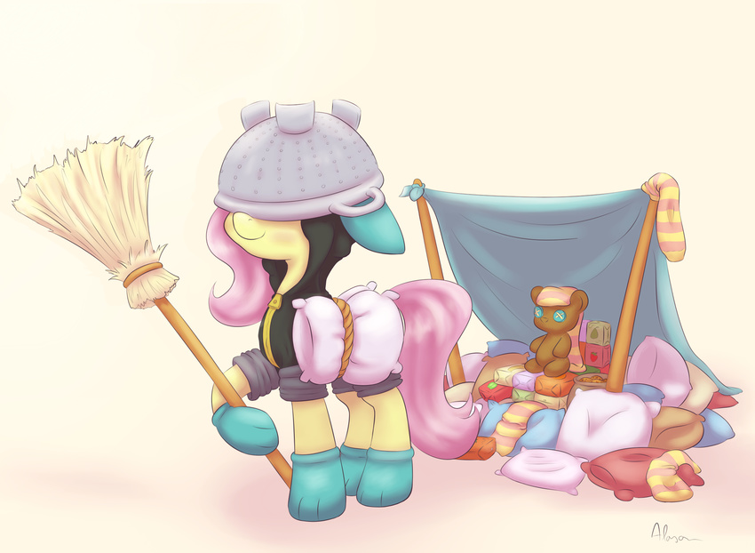 alasou broom bunny_costume bunny_suit bunnysuit clothing equine female feral fluttershy_(mlp) fort friendship_is_magic hair helmet horse juice_box mammal my_little_pony pegasus pillow pink_hair plain_background plushie pony rope socks solo teddy wings