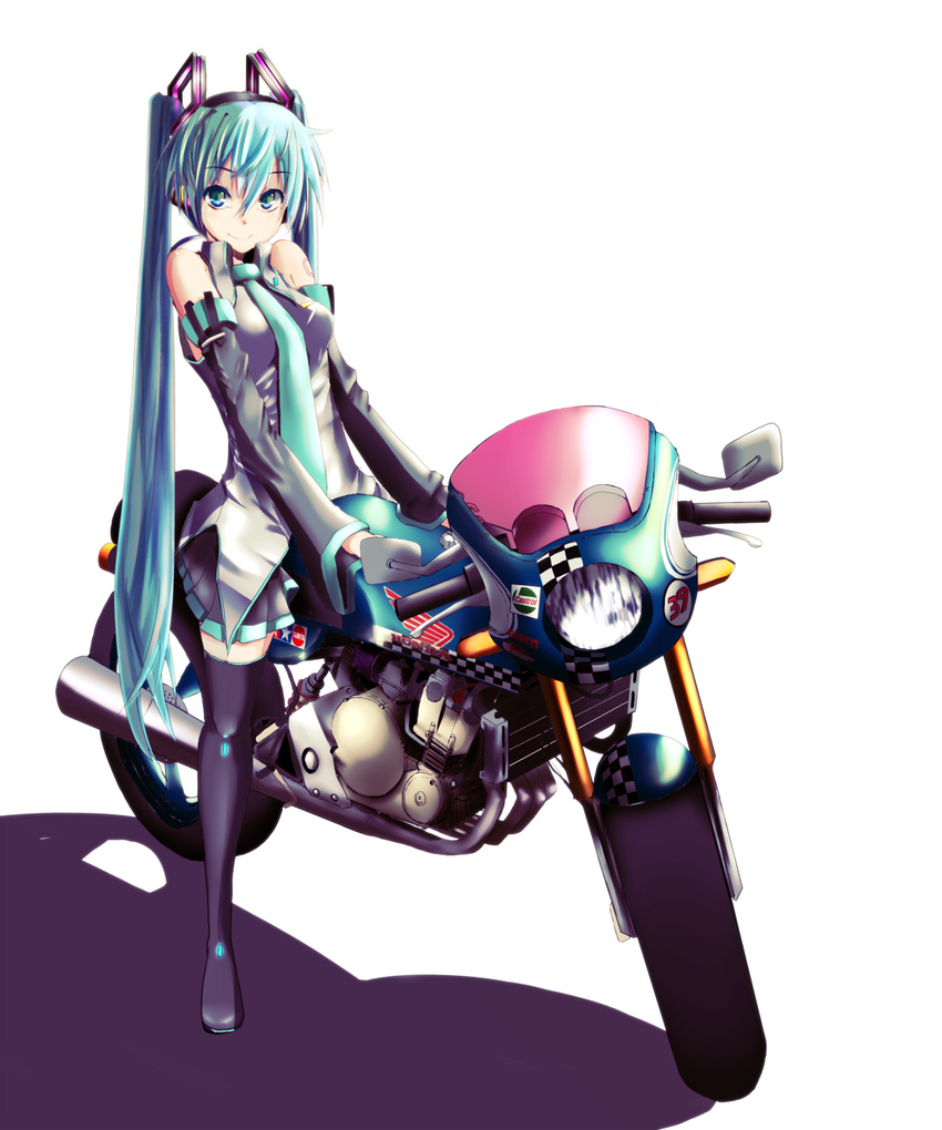39 aqua_eyes aqua_hair boots detached_sleeves full_body fushichou ground_vehicle hatsune_miku highres long_hair looking_at_viewer motor_vehicle motorcycle necktie skirt smile solo thigh_boots thighhighs twintails very_long_hair vocaloid white_background