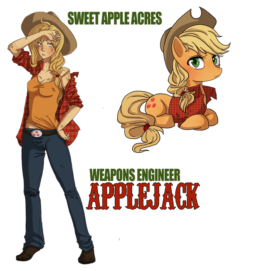 alpha_channel applejack_(mlp) blonde_hair blush clothing cowboy_hat cutie_mark duo english_text equine eyes female feral freckles friendship_is_magic fur green_eyes hair hat horse human humanized mammal my_little_pony orange_fur plain_background pony sitting square_crossover standing text the-orator transparent_background