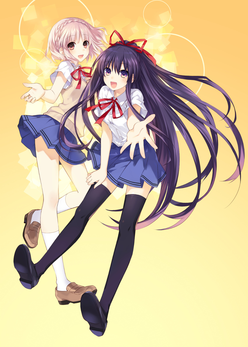 :d black_legwear braid brown_eyes collared_shirt date_a_live highres legs loafers long_hair looking_at_viewer multiple_girls open_mouth outstretched_arm outstretched_hand pink_hair purple_eyes purple_hair reaching school_uniform shirt shoe_soles shoes short_hair short_sleeves simple_background single_braid skirt smile socks sonogami_rinne sweater_vest thighhighs tsunako white_legwear white_shirt yatogami_tooka yellow_background zettai_ryouiki