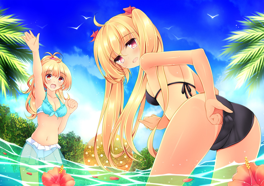 adjusting_clothes adjusting_swimsuit arm_up ass azure_(capriccio) bad_id bad_pixiv_id bikini bikini_skirt bird blonde_hair blush breasts cleavage day flower frilled_bikini frills hibiscus highres long_hair looking_at_viewer looking_back medium_breasts multiple_girls navel open_mouth original red_eyes see-through short_hair sky smile swimsuit tan tanline twintails wading water wet