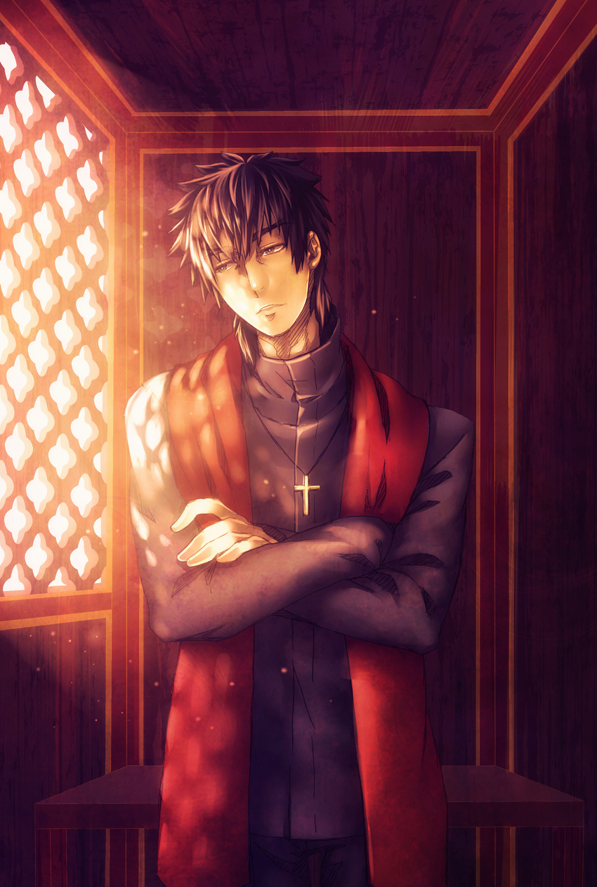 absurdres bad_id bad_pixiv_id brown_eyes brown_hair cross cross_necklace fate/zero fate_(series) highres jewelry kizemoto kotomine_kirei male_focus necklace solo stole