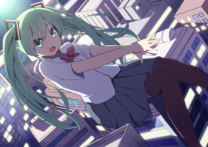 bad_id bad_pixiv_id bow bowtie giantess green_eyes green_hair hatsune_miku long_hair mazeshi open_mouth sitting skirt solo thighhighs twintails vocaloid
