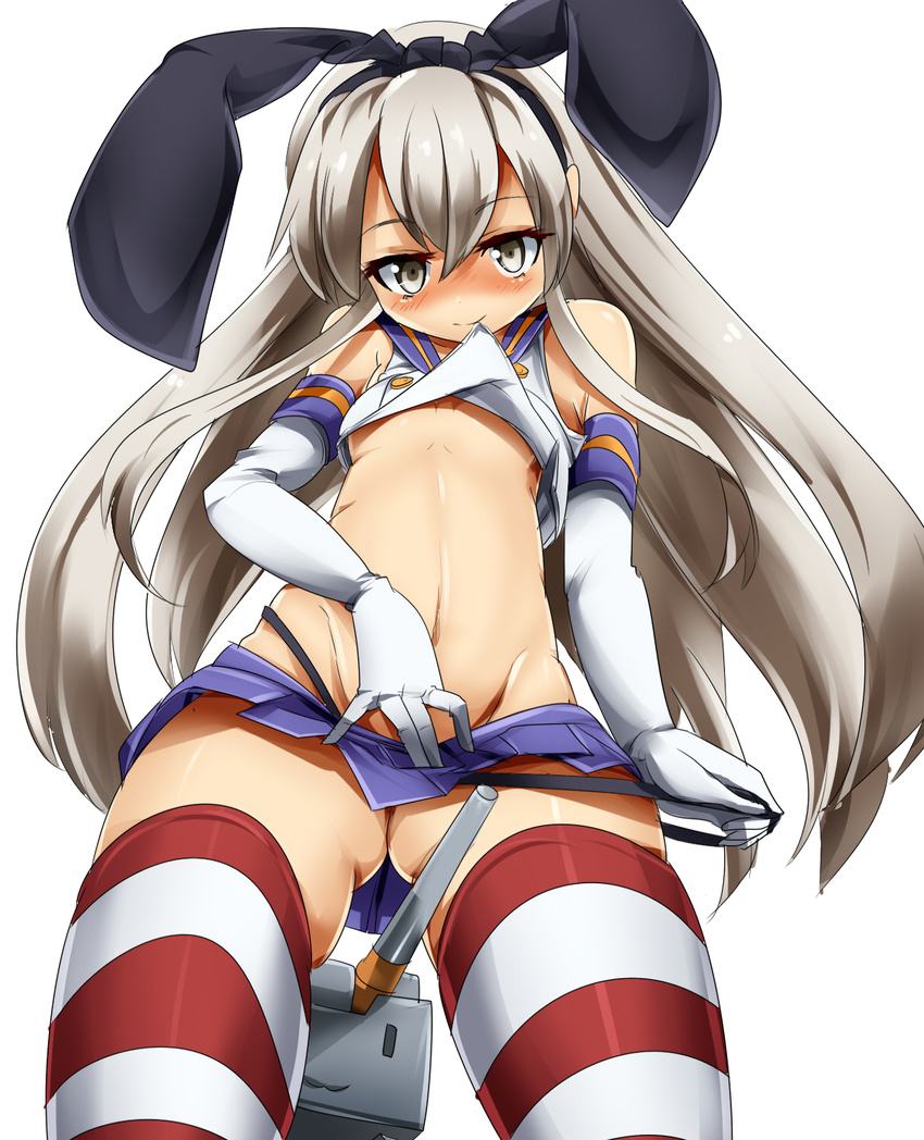 animal_ears bare_shoulders between_legs black_panties blush breasts bunny_ears elbow_gloves fake_animal_ears from_below gloves grey_eyes hair_ribbon headband highres kantai_collection long_hair looking_at_viewer mecha midriff miniskirt mouth_hold navel panties panty_pull rensouhou-chan ribbon school_uniform serafuku shimakaze_(kantai_collection) silver_hair simple_background skirt skirt_pull small_breasts smile solo standing strap_pull striped striped_legwear thighhighs umakatsuhai underboob underwear very_long_hair white_background white_gloves