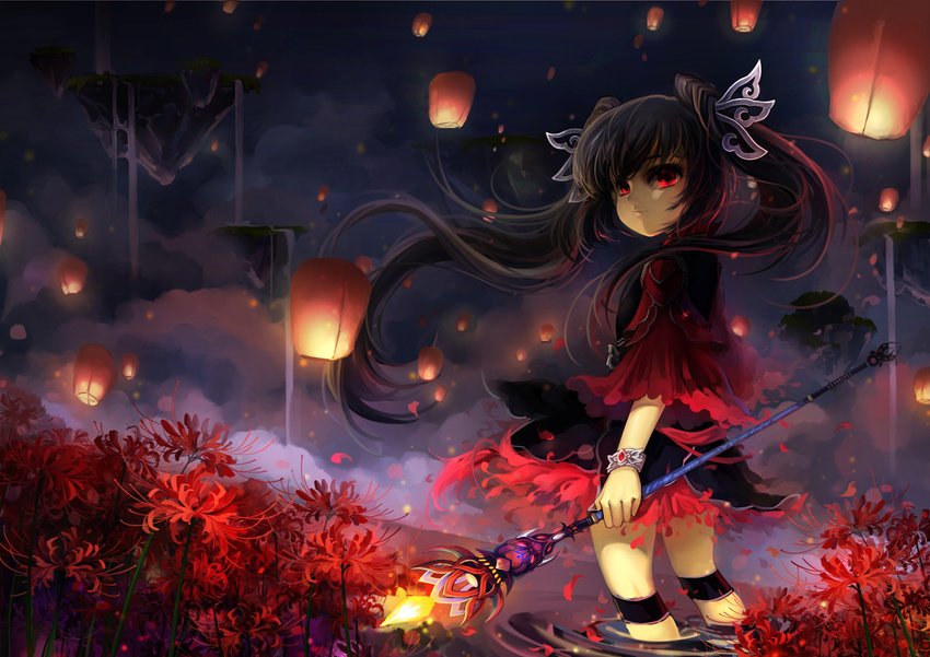 black_hair cloud flower huazha01 lantern long_hair looking_at_viewer night original red_eyes skirt solo spider_lily twintails wading wand water