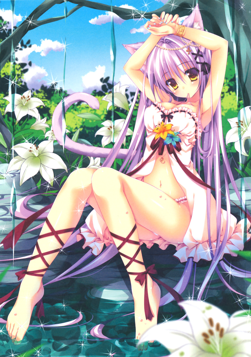 absurdres animal_ears ankle_lace-up armpits arms_up barefoot bracelet breasts cat_ears cat_tail cleavage cross-laced_footwear dress flower forest frilled_panties frills highres jewelry lavender_hair legs long_hair medium_breasts mouth_hold nanaroba_hana nature navel original panties pantyshot pink_panties scan sitting soaking_feet solo tail underwear yellow_eyes