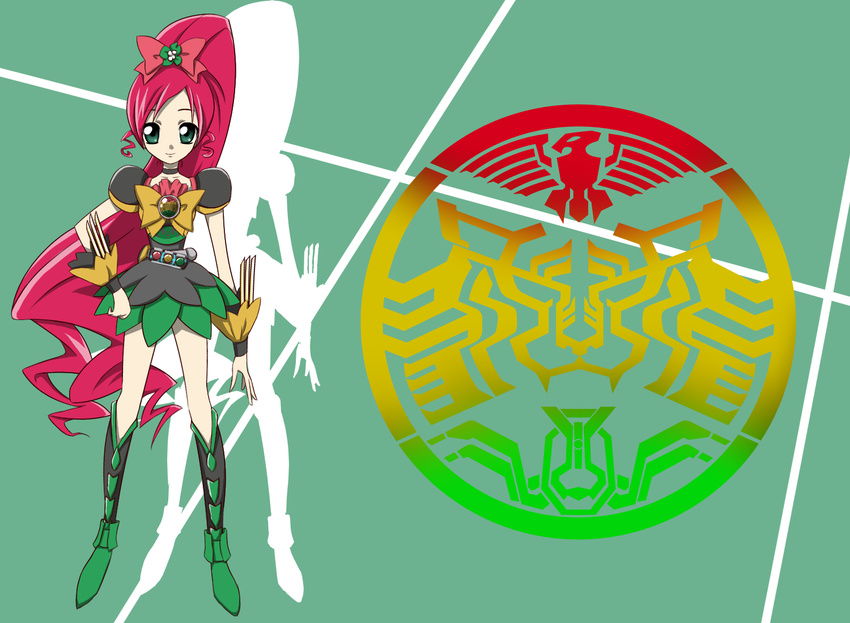 alternate_color alternate_costume alternate_eye_color bad_id bad_pixiv_id black_choker boots choker crossover cure_blossom dress green_eyes hair_ornament hair_ribbon hanasaki_tsubomi heartcatch_precure! kamen_rider kamen_rider_ooo kamen_rider_ooo_(series) knee_boots long_hair looking_at_viewer pink_hair ponytail precure puffy_sleeves ribbon skirt smile solo syu-ho2501 tatoba_(ooo_combo) very_long_hair wrist_cuffs