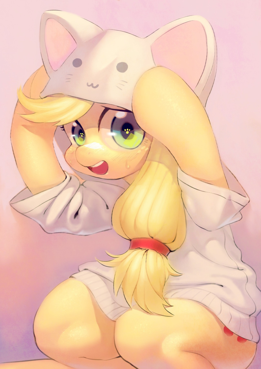 1girl animal_hood applejack aruurara blonde_hair furry green_eyes highres hips hood hoodie my_little_pony my_little_pony_friendship_is_magic no_humans open_mouth pink_background ponytail ribbon sitting smile solo sweat sweater symbol-shaped_pupils thick_thighs thighs wide_hips