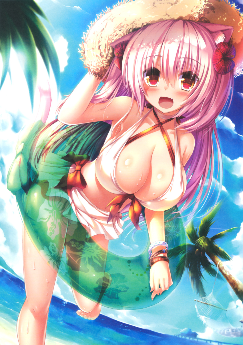 :d absurdres animal_ears beach bikini bikini_skirt bracelet breasts cat_ears cat_tail cleavage cloud collarbone criss-cross_halter day dutch_angle fang flower hair_flower hair_ornament halter_top halterneck hammock hat hibiscus highres innertube jewelry large_breasts long_hair looking_at_viewer ocean open_mouth original outdoors palm_tree pink_eyes pink_hair sand see-through shia_flatpaddy shiny shiny_skin sky smile solo straw_hat sun_hat sweat swimsuit syroh tail tree white_bikini