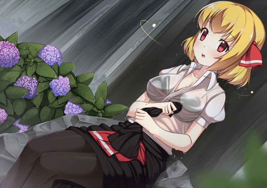 black_bra black_legwear blonde_hair blush bra breasts cleavage dress_shirt flower hair_ribbon hydrangea large_breasts looking_at_viewer nakamura_kusata older pantyhose rain red_eyes ribbon rumia see-through shirt short_hair sitting skirt solo touhou underwear vest wet