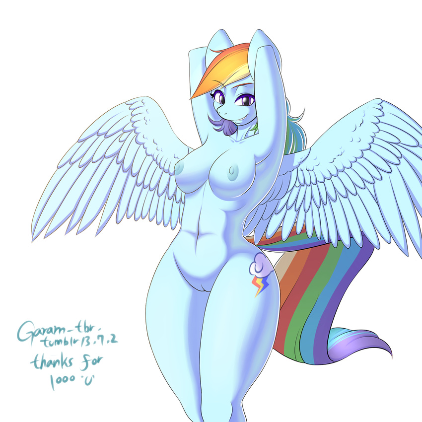 anthro anthrofied blue_fur breasts cutie_mark english_text equine female friendship_is_magic fur garam hair horse looking_at_viewer mammal multi-colored_hair my_little_pony nude pegasus pony purple_eyes pussy rainbow_dash_(mlp) rainbow_hair solo text wings