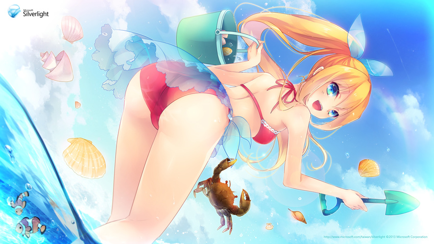 :d aizawa_hikaru ass bikini blonde_hair blue_eyes blue_sarong breasts bucket clownfish crab dutch_angle highres leaning_forward long_hair medium_breasts microsoft ocean open_mouth partially_underwater_shot ponytail red_bikini sarong scallop see-through shell shinia shovel silverlight smile solo swimsuit thighs translucent_sarong wading wallpaper water