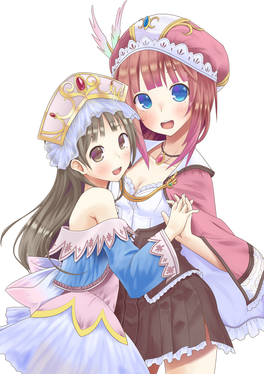 atelier_(series) atelier_totori bare_shoulders blue_eyes blush breasts cleavage hat highres holding_hands hujikok jewelry long_hair looking_at_viewer medium_breasts multiple_girls necklace open_mouth rororina_fryxell short_hair simple_background skirt smile standing totooria_helmold white_background