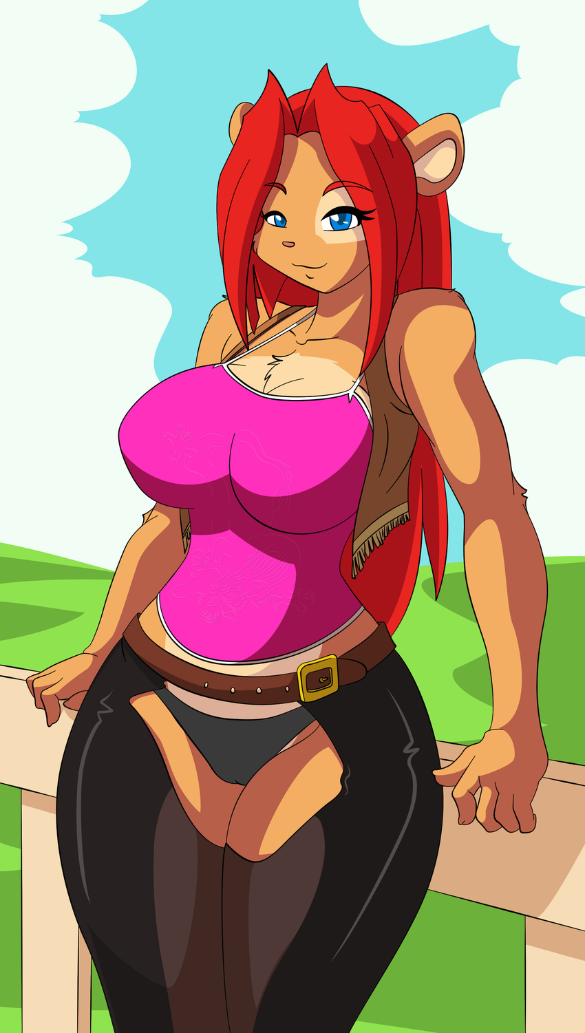 anthro big_breasts blue_eyes breasts brown_fur camel_toe chest_tuft closed_mouth clothing cowboy_outfit edit female fur hair las_lindas looking_at_viewer milf mother parent pose red_hair shirt smile solo string_panties tank_top tuft underwear