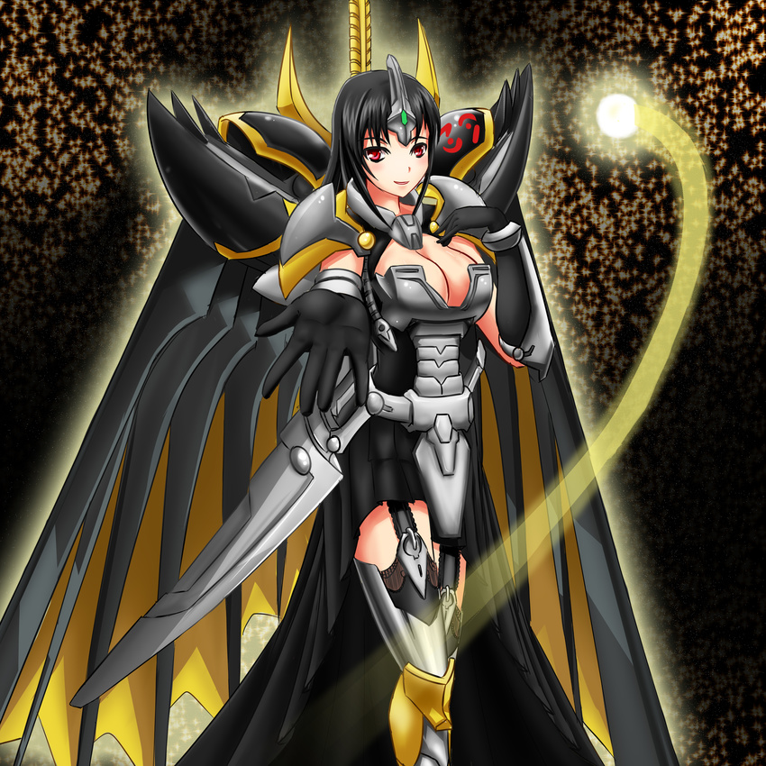 1girl anthropomorphic armor black_hair breasts cleavage duel duel_monster female gloves highres monsters number_c39_utopia_ray personification protect823 red_eyes smile solo star stars sword thighhighs weapon yu-gi-oh!