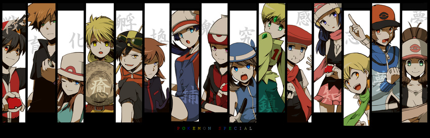 6+girls backwards_hat bandana baseball_cap beanie black_(pokemon) black_hair blonde_hair blue_(pokemon) blue_eyes brown_hair copyright_name crystal_(pokemon) cue_stick diamond_(pokemon) eating emerald_(pokemon) goggles goggles_on_headwear gold_(pokemon) green_eyes hair_ornament hairclip hat hat_removed headwear_removed highres holding holding_poke_ball jacket long_hair long_image looking_at_viewer miniskirt multiple_boys multiple_girls naponapo odamaki_sapphire one_eye_closed ookido_green overalls pearl_(pokemon) platinum_berlitz pointing poke_ball pokemon pokemon_special ponytail purple_eyes red_(pokemon) red_eyes ruby_(pokemon) scarf silver_(pokemon) skirt sleeves_past_wrists smile straw_hat twintails white_(pokemon) wide_image yellow_(pokemon) yellow_eyes