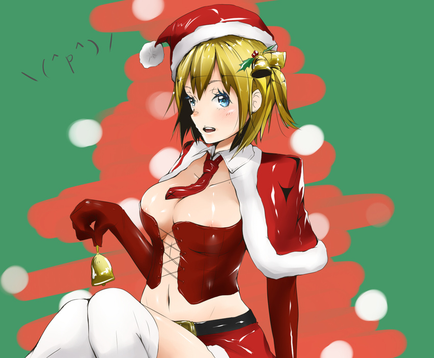 areola_slip areolae bell belt blonde_hair blue_eyes blush breasts capelet cleavage corset detached_collar elbow_gloves gloves hair_bell hair_ornament hat highres large_breasts midriff miniskirt navel necktie original red_gloves santa_costume santa_hat short_hair skirt slept_(re_mix) solo thighhighs white_legwear