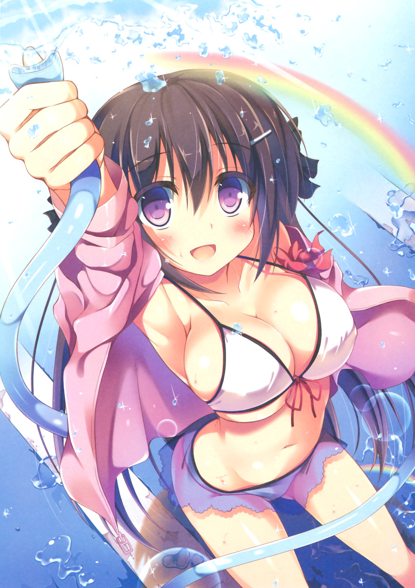 :d absurdres arm_up bikini bikini_skirt blush bow breasts brown_hair cleavage collarbone foreshortening front-tie_bikini front-tie_top hair_bow hair_ornament hairclip highres hose large_breasts long_hair looking_at_viewer nozomi_tsubame open_clothes open_mouth open_shirt original purple_eyes rainbow see-through shirt skindentation smile solo strap_gap swimsuit tareme water white_bikini