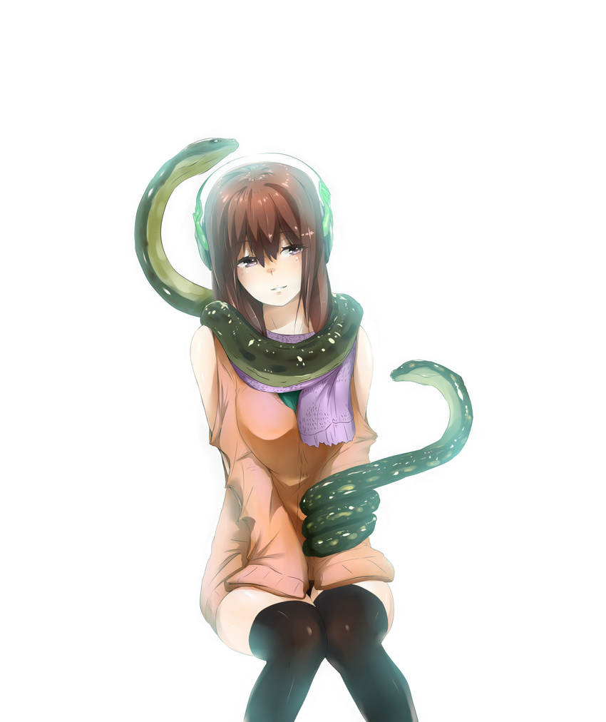 absurdres black_legwear blush breasts brown_hair cardigan headphones highres invisible_chair large_breasts light_smile long_hair long_sleeves looking_away no_pants original oversized_clothes panties purple_eyes scarf sitting slept_(re_mix) snake thighhighs underwear v_arms