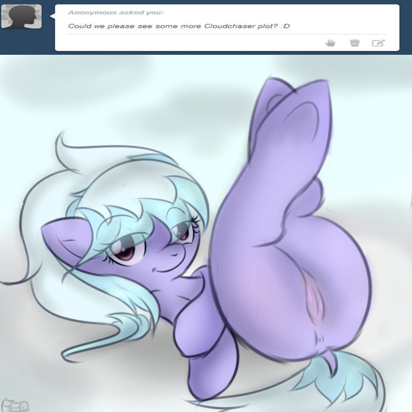 butt cloud_chaser_(mlp) equine female feral freefraq friendship_is_magic hair hair_over_eye horse inviting looking_at_viewer mammal my_little_pony plump_labia pony presenting presenting_hindquarters purple_eyes pussy simple_background smile solo two_tone_hair wide_hips