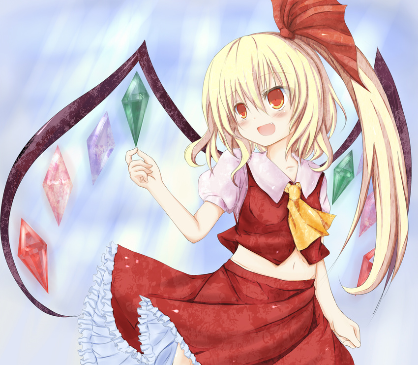 ascot bad_id bad_pixiv_id blonde_hair blush flandre_scarlet hair_ribbon highres long_hair midriff mo-a-i navel no_hat no_headwear open_mouth red_eyes ribbon side_ponytail skirt skirt_set smile solo touhou wings