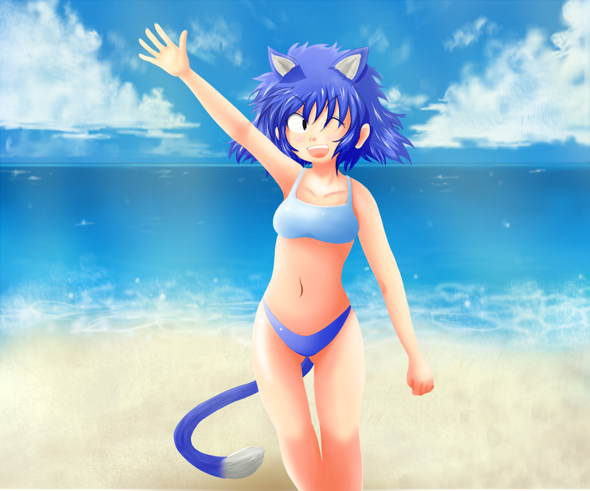 1girl animal_ears armpits beach bikini black_eyes blue_hair breasts cat_ears cat_tail cloud dragon_ball female highres midriff navel ocean personification puar sand short_hair sky smile solo swimsuit tail thigh_gap waving wink