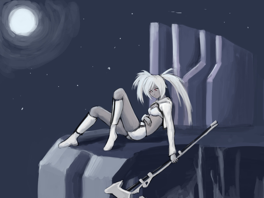 bad_id bad_pixiv_id bikini_top black_rock_shooter black_rock_shooter_(game) boots breasts full_moon grey_skin highres knee_boots long_hair midriff moon navel night night_sky red_eyes scythe shorts siaothe-sheep sitting sky small_breasts solo twintails uneven_twintails weapon white_hair white_rock_shooter