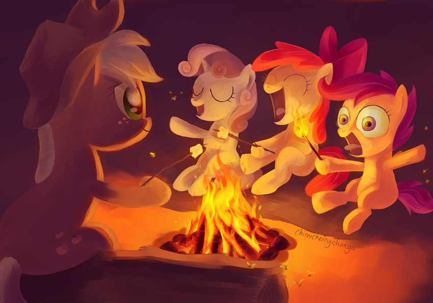 apple_bloom_(mlp) applejack_(mlp) bow chimicherrychonga cowboy_hat cub cutie_mark cutie_mark_crusaders_(mlp) equine eyes eyes_closed female feral fire freckles friendship_is_magic fur gaping_maw green_eyes group hair hat horn horse mammal marshmallows my_little_pony open_mouth orange_fur outside pegasus pony purple_eyes purple_hair red_hair scootaloo_(mlp) sitting smile sweetie_belle_(mlp) tongue two_tone_hair unicorn warm_colors white_fur wings yellow_fur young