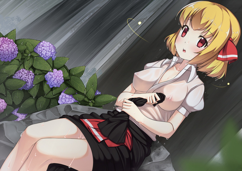 bare_legs blonde_hair blush breasts cleavage covered_nipples dress_shirt flower hair_ribbon hydrangea large_breasts looking_at_viewer nakamura_kusata nipples no_bra older rain red_eyes ribbon rumia see-through shirt short_hair sitting skirt solo touhou wet