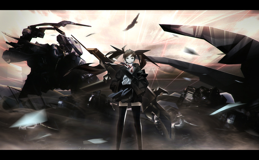 animal bird black_legwear brown_hair crow flying grid highres holding holding_weapon huge_weapon letterboxed long_hair looking_at_viewer machinery mecha necktie original pleated_skirt shirt skirt solo standing thighhighs tokiya twintails uniform very_long_hair weapon white_shirt wind zettai_ryouiki