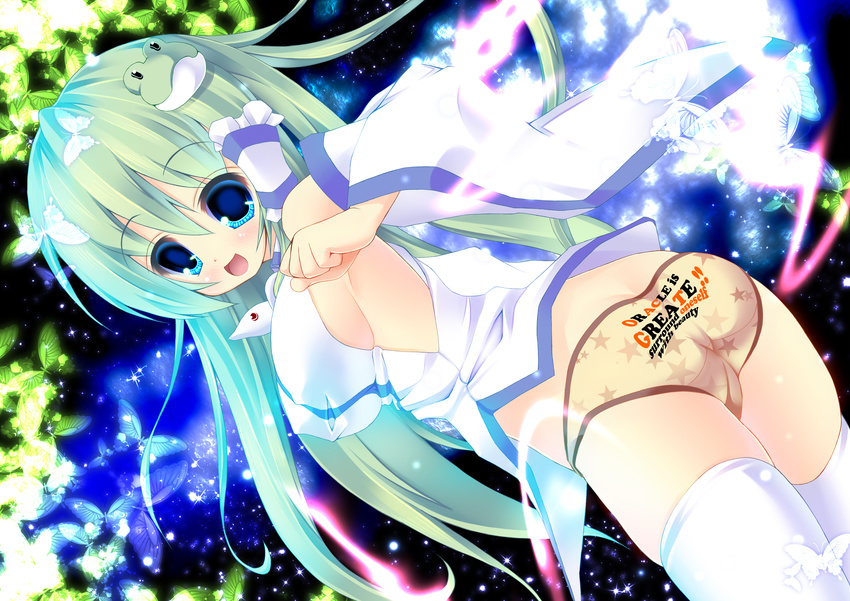 absurdres ass back back-print_panties bad_anatomy blouse brown_panties bug butterfly detached_sleeves dutch_angle english engrish frog frog_hair_ornament fukuda_shuushi green_eyes green_hair hair_ornament hair_tubes highres insect kochiya_sanae long_hair looking_at_viewer looking_back no_pants open_mouth panties print_panties ranguage skindentation smile snake snake_hair_ornament solo standing thighhighs touhou underwear white_legwear