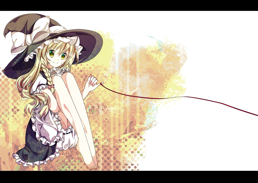 bad_id bad_pixiv_id barefoot blonde_hair bloomers braid crying crying_with_eyes_open hat hat_ribbon hikobae holding_legs kirisame_marisa letterboxed long_hair red_string ribbon side_braid solo string tears touhou underwear witch_hat yellow_eyes