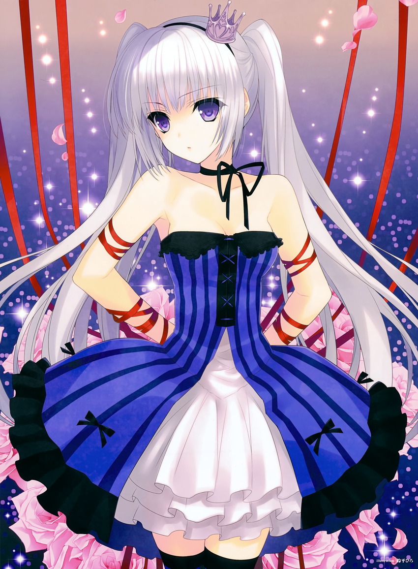 absurdres armlet arms_behind_back bare_shoulders black_legwear blue_dress blush breasts choker cleavage collarbone crown dress flower grey_hair head_tilt highres huge_filesize looking_at_viewer medium_breasts original petals purple_eyes ribbon rose rose_petals sleeveless solo strapless strapless_dress suzuhira_hiro thighhighs tsurime twintails