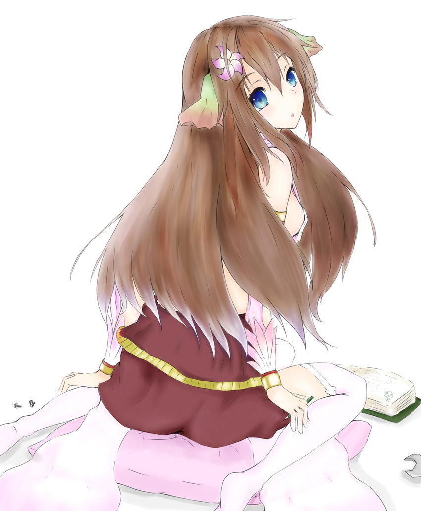:o animal_ears blue_eyes book bracelet breasts brown_hair ciel_nosurge flower from_behind hair_flower hair_ornament highres ionasal_kkll_preciel jewelry kou_mashiro long_hair looking_back open_book pencil pillow sideboob sitting sitting_on_pillow small_breasts solo surge_concerto thighhighs wariza white_legwear
