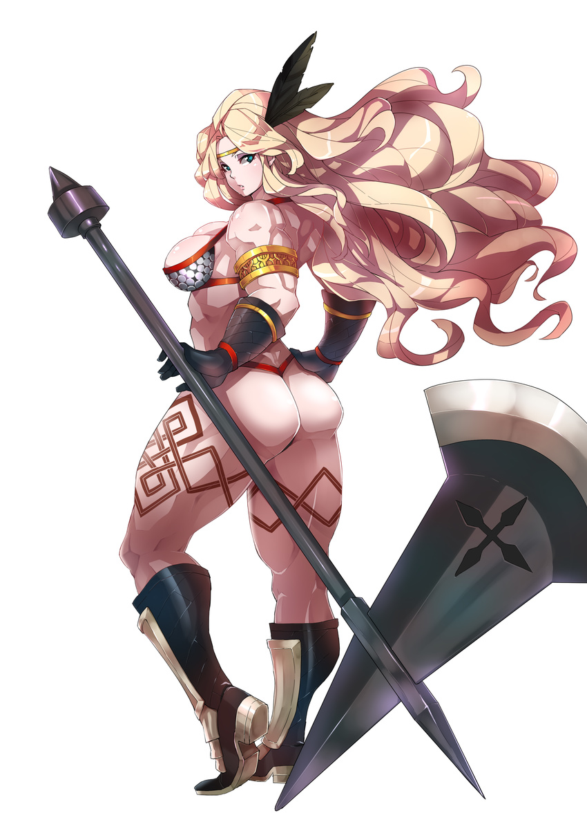 abs absurdres amazon_(dragon's_crown) armlet armor ass bikini bikini_armor blonde_hair breasts circlet dragon's_crown feathers full_body gloves green_eyes halberd highres large_breasts long_hair makai muscle muscular_female polearm solo swimsuit tattoo thick_thighs thighs thong_bikini weapon