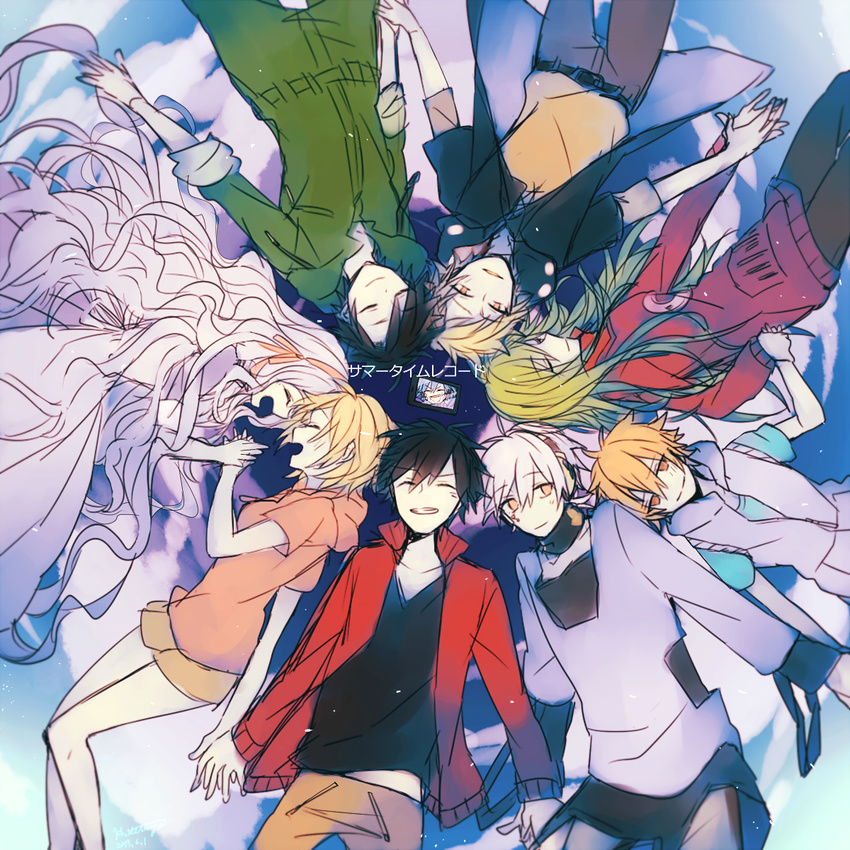 5boys amamiya_hibiya black_hair blonde_hair closed_eyes ene_(kagerou_project) green_hair highres holding_hands hood hoodie kagerou_project kano_shuuya kido_tsubomi kisaragi_momo kisaragi_shintarou konoha_(kagerou_project) kozakura_marry long_hair lying multiple_boys multiple_girls seto_kousuke short_hair silver_hair smile summertime_record_(vocaloid) tsuki_miyabi