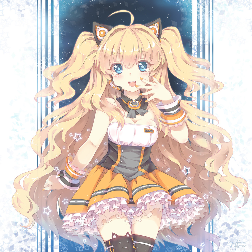 :d absurdres ahoge animal_ears bare_shoulders black_legwear blonde_hair blue_eyes breasts cat_ears cleavage detached_collar headset highres long_hair looking_at_viewer medium_breasts nail_polish north_abyssor open_mouth seeu skirt smile solo star star-shaped_pupils symbol-shaped_pupils thighhighs two_side_up very_long_hair vocaloid wrist_cuffs zettai_ryouiki