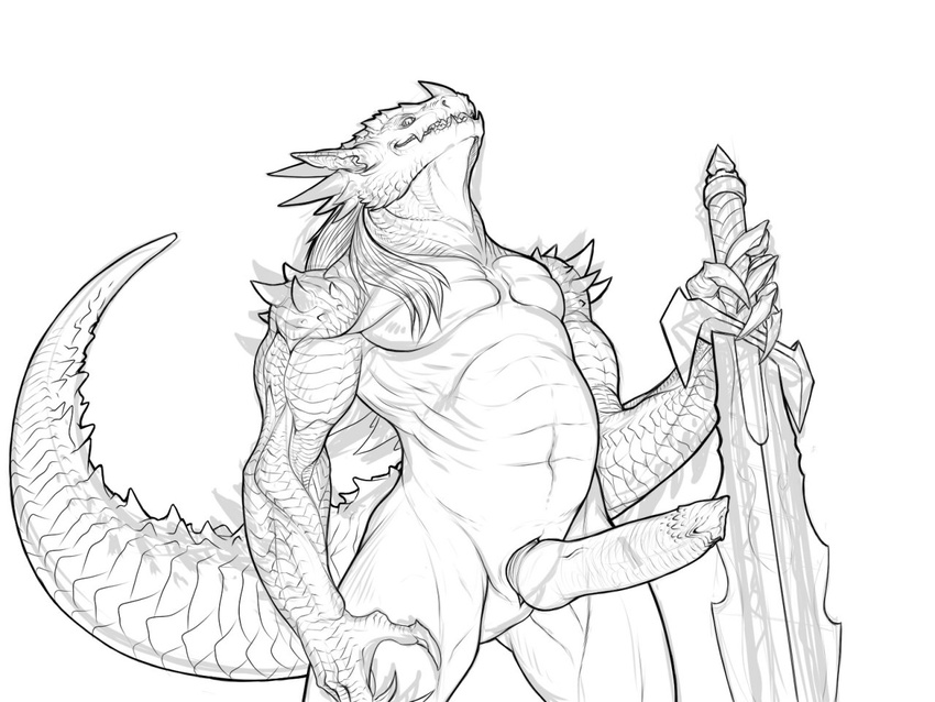 belly big_penis claws dragon erection greyscale hair humanoid looking_at_viewer male monochrome nude penis rollwulf scalie sketch solo spikes standing sword teeth thick_tail weapon