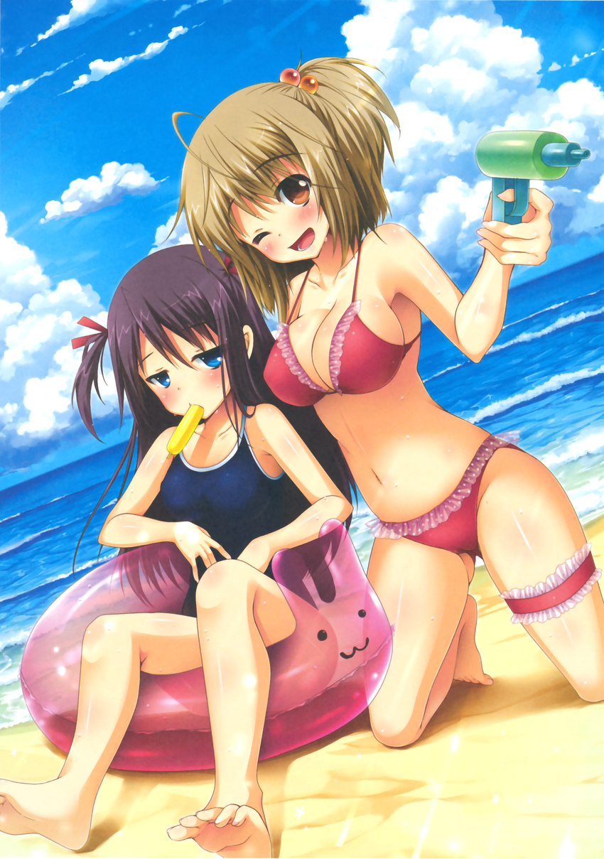 ;d absurdres ahoge barefoot beach bikini blue_eyes blue_swimsuit breasts brown_eyes brown_hair cleavage cloud day dutch_angle food frilled_bikini frills hair_bobbles hair_ornament highres innertube kneeling leg_garter long_hair medium_breasts mouth_hold multiple_girls navel ocean one-piece_swimsuit one_eye_closed open_mouth original outdoors polka_dot popsicle purple_hair red_bikini sand short_hair sky smile swimsuit two_side_up water_gun wet yuunagi_seshina