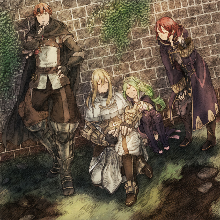 2girls ahoge armor blonde_hair blush boots brick_wall brown_hair candy cape circlet cloak closed_eyes female_my_unit_(fire_emblem:_kakusei) fingerless_gloves fire_emblem fire_emblem:_kakusei flower food gaia_(fire_emblem) gloves green_hair hand_on_hip headband highres ivy knees_to_chest leg_hug lollipop long_hair maekakekamen mamkute multiple_boys multiple_girls my_unit_(fire_emblem:_kakusei) nono_(fire_emblem) pointy_ears ponytail red_hair riviera_(fire_emblem) short_hair sitting smile thighhighs