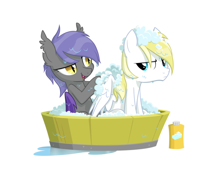 alpha_channel basin bat_wings blonde_hair blue_eyes cloud_skipper_(mlp) duo equestria-prevails equine female feral friendship_is_magic hair horse male mammal midnight_blossom_(mlp) my_little_pony pegasus plain_background pony purple_hair shampoo slit_pupils thestral transparent_background washing wet wings