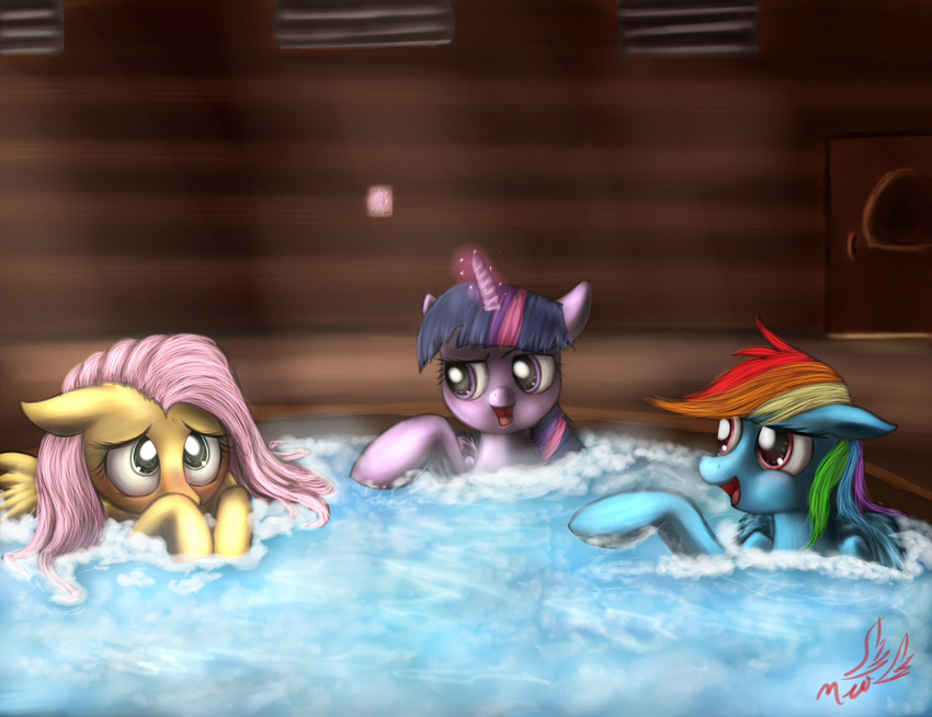 bed blue_fur equine female feral fluttershy_(mlp) friendship_is_magic fur green_eyes hair horse inside magic mammal miokomata multi-colored_hair my_little_pony open_mouth pink_hair pony purple_eyes purple_fur purple_hair rainbow_dash_(mlp) rainbow_hair twilight_sparkle_(mlp) water yellow_fur