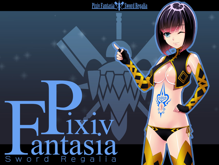 absurdres bad_id bad_pixiv_id blue_eyes breasts copyright_name fingerless_gloves gloves highres medium_breasts mizutsuki_rei one_eye_closed pixiv_fantasia pixiv_fantasia_sword_regalia short_hair smile solo