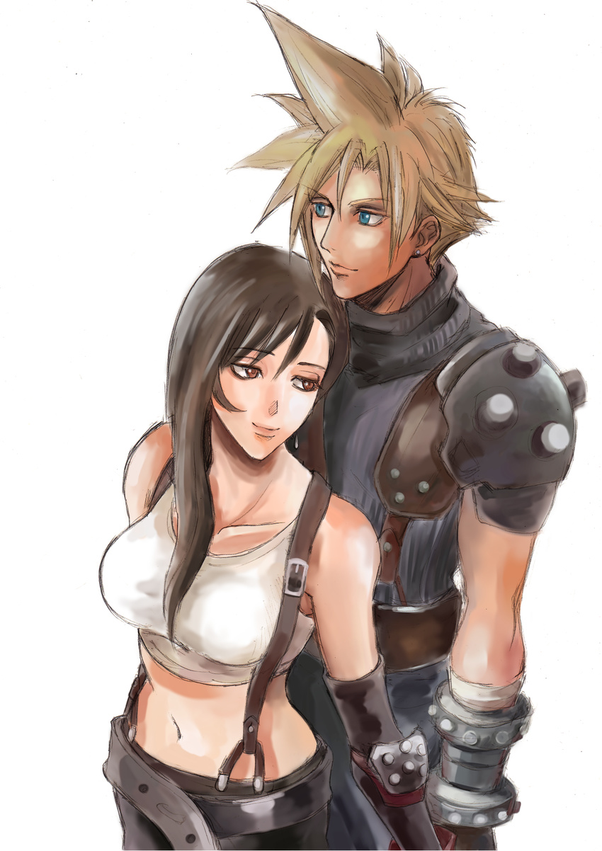 black_hair blonde_hair breasts cloud_strife couple final_fantasy final_fantasy_vii highres large_breasts midriff simple_background smile tifa_lockhart