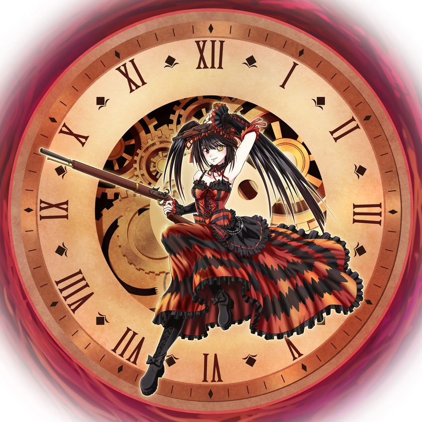 bare_shoulders black_hair boots breasts cleavage clock clock_eyes commentary date_a_live dress gears gun hairband heterochromia highres legendpoon lolita_fashion lolita_hairband long_hair looking_at_viewer medium_breasts red_eyes ribbon rifle roman_numerals smile solo symbol-shaped_pupils tokisaki_kurumi twintails weapon yellow_eyes