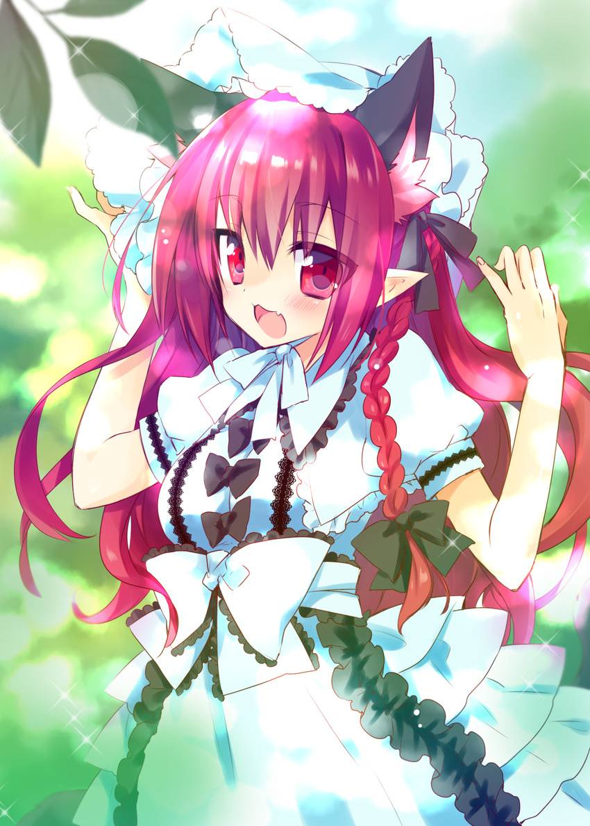:3 :d alternate_costume alternate_hairstyle animal_ears blush braid cat_ears extra_ears fang highres kaenbyou_rin long_hair looking_at_viewer mao_(alepricos) open_mouth pointy_ears red_eyes red_hair smile solo tail touhou twin_braids