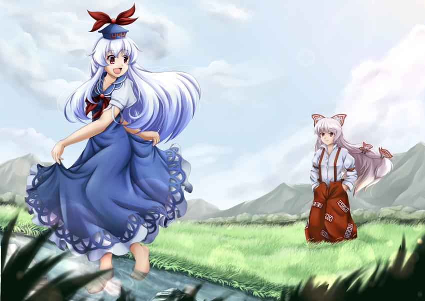 blue_hair bow breasts brown_eyes cloud day dress dress_shirt fujiwara_no_mokou grass hair_bow hair_ribbon hat kamishirasawa_keine long_hair long_sleeves medium_breasts mountain multiple_girls outdoors pants para_(dachsaria) red_eyes ribbon river shirt short_sleeves silver_hair skirt skirt_hold sky smile suspenders tokin_hat touhou very_long_hair water