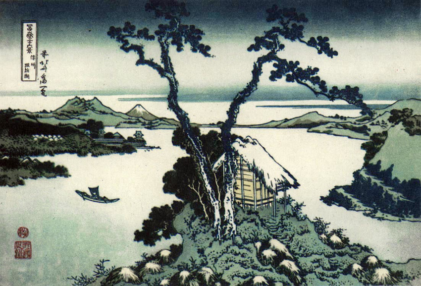 hut katsushika_hokusai lake mount_fuji mountain not_furry tree water