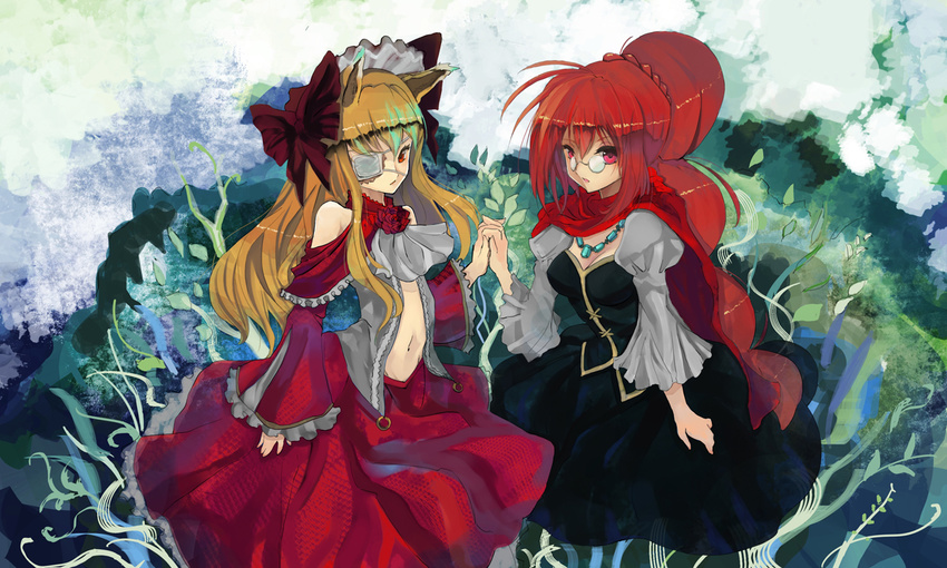 animal_ears blonde_hair borrowed_character breasts burn_mark cape cleavage dress eyepatch flower glasses gond holding_hands jewelry medium_breasts midriff multiple_girls navel necklace pince-nez pixiv_fantasia pixiv_fantasia_5 red_eyes red_hair rose scar strapless strapless_dress